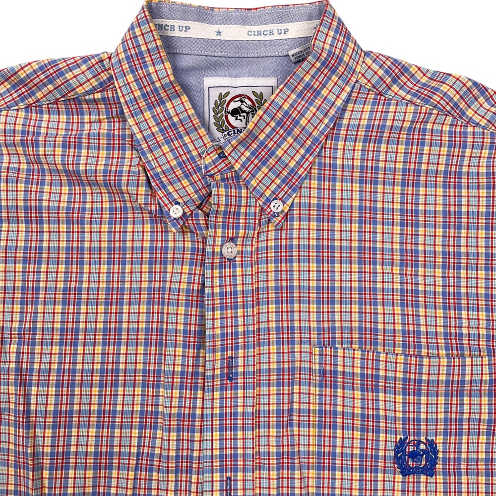 Cinch Up Shirt Mens XL Blue Red Check Plaid Logo Long Sleeve